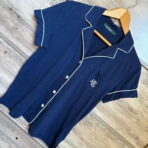 LRL Lauren Ralph Lauren Navy Blue Soft Button Down PJ Pajama Top Shirt Women's M